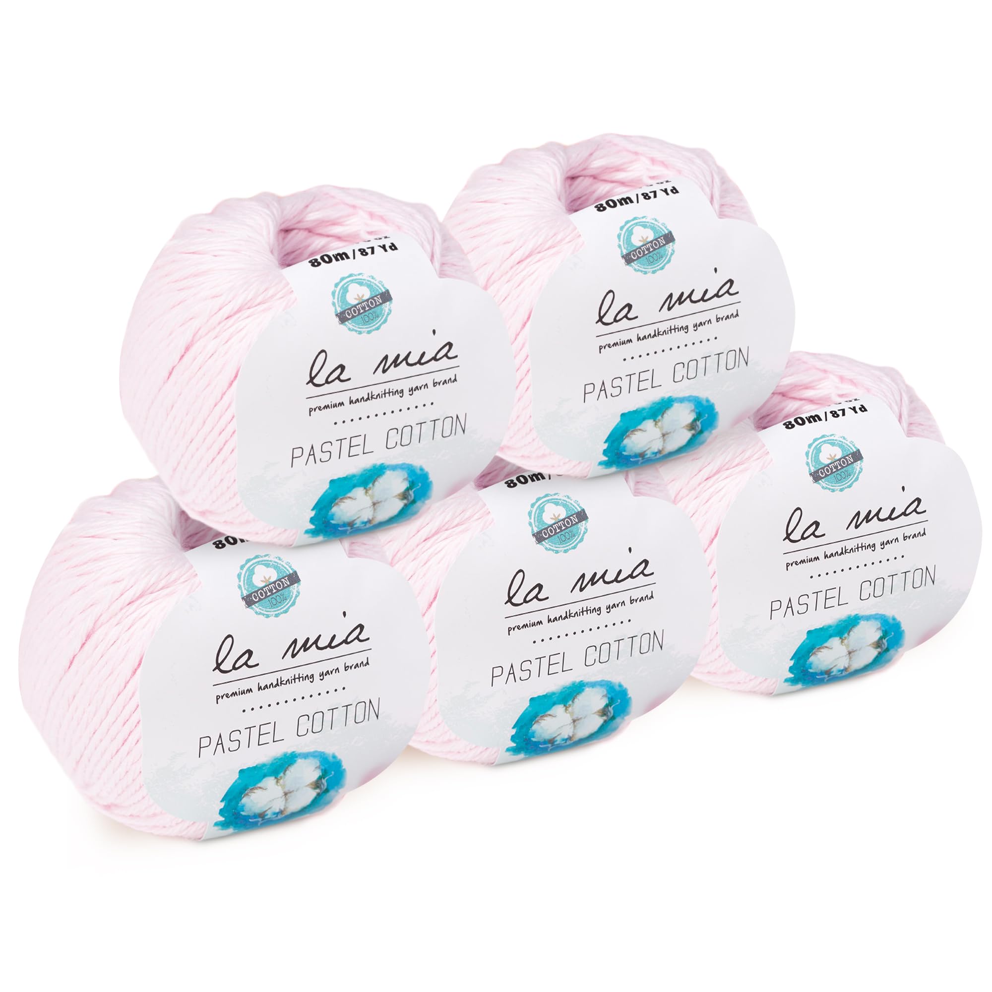 5 Ball Lamia Pastel 100% Cotton Total 8.8 Oz, Each 87 Yrds (80 m) - 1.76 oz (50g) Soft, Worsted, Afghan, Aran Pastel Cotton Yarn, Pastel-Pink - L057