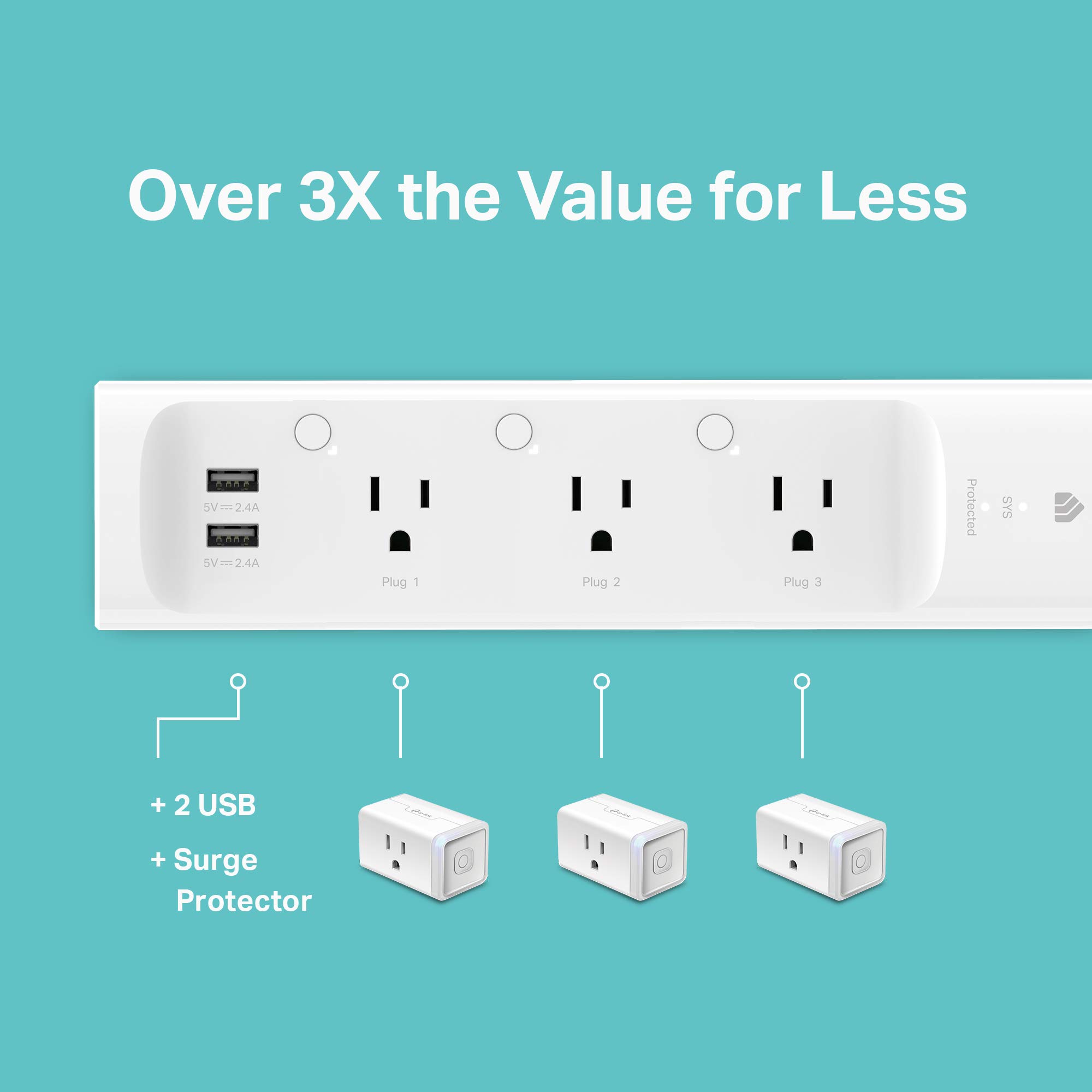 Kasa Smart Plug Power Strip KP303, Surge Protector with 3 Individually Controlled Smart Outlets and 2 USB Ports, Works with Alexa & Google Home, No Hub Required , White - View 6