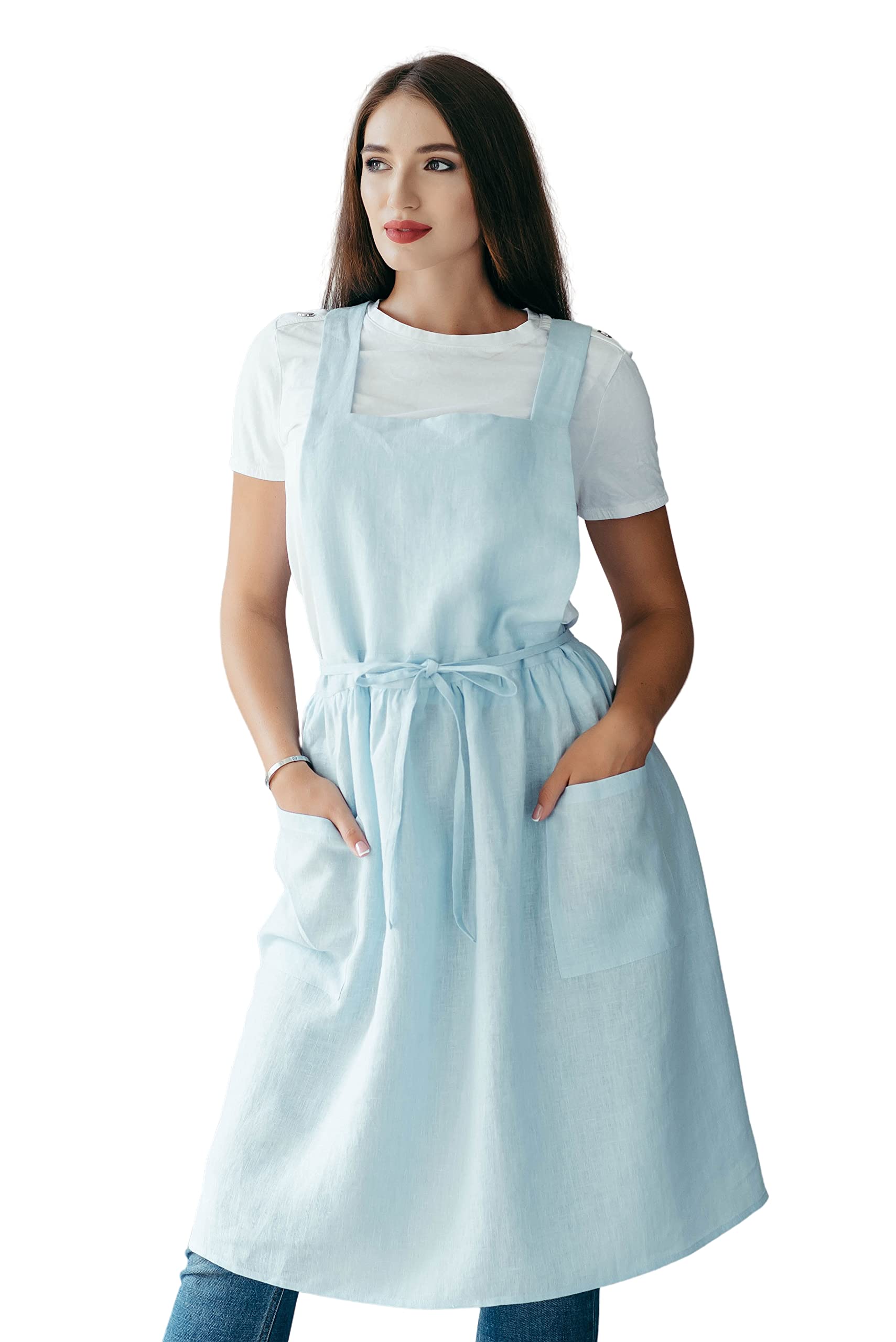 Bunny Street Linen Womens Apron Dress - Pinafore Apron - Japanese Linen Apron for Women - Cross Back Apron for Chef, Artist, Baker, Florist - Apron Smock (Sky Blue)