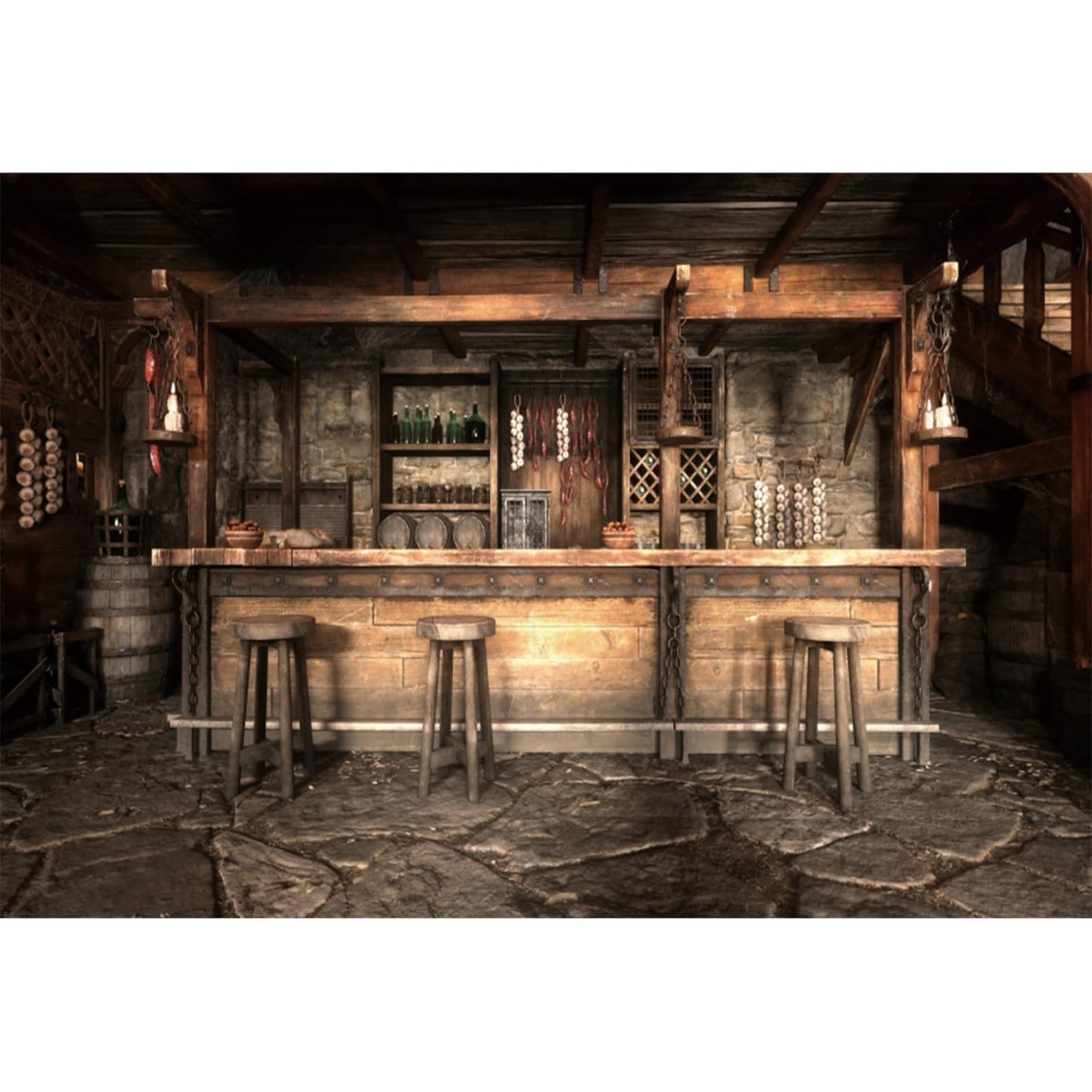 YongFoto 3x2m Tavern Bar Backdrop Medieval Rustic Saloon Interior Wooden Stools Stone Floor Hanging Candles Photography Background for Kids Adults Western Cowboy Theme Party Photo Studio Props