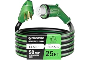 ISLEWIRE 50 Amp 25 Feet RV Power Cord, Heavy Duty 6/3 + 8/1 Gauge STW 50A Generator Cord, NEMA 14-50P to SS2-50R LED Power Indicator Twist Lock for RV Trailer Camper and Generator to House, ETL Listed