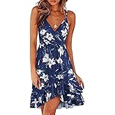 ULTRANICE Womens Summer Dresses Floral V Neck Ruffled Hem Spaghetti Spring Casual Beach Outfits Flowy Wrap Sun Dress