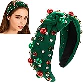 Wgudzpj Christmas Knotted Headbands for Women Girls Xmas Bow Jeweled Headband Red Green Pearl Hairband