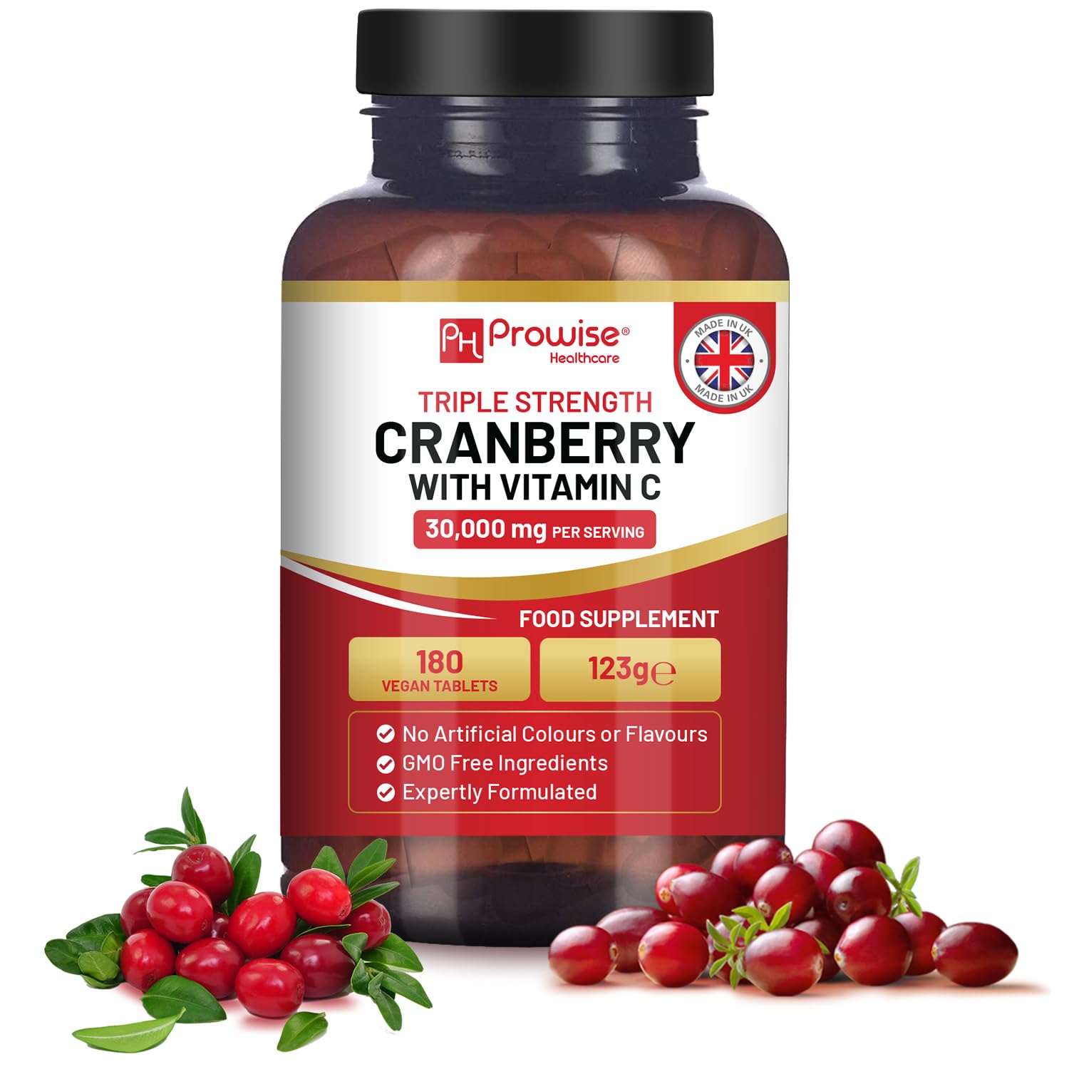 Triple Strength Cranberry 30,000mg Added with Vitamin C - 180 Vegan Tablets I UTI Support for Women I Easy to Swallow Tablets I Made in the UK by Prowise Healthcare