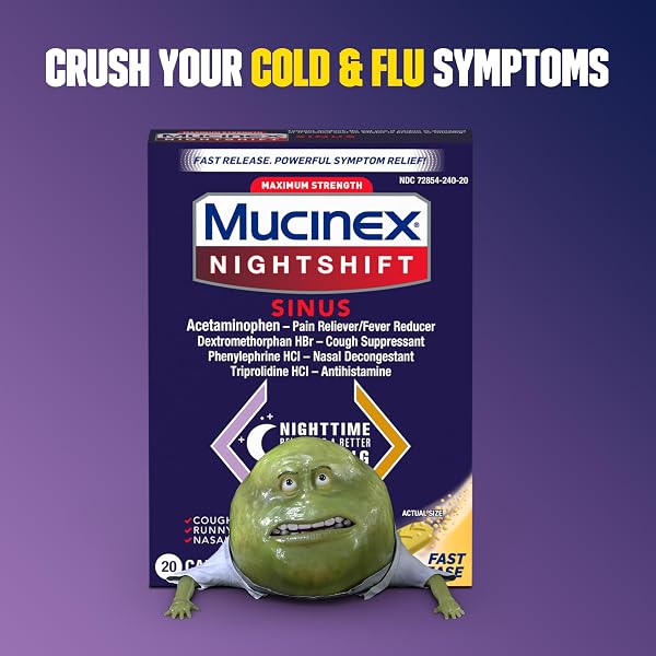 MUCINEX NIGHTSHIFT SINUS, MAXIMUM STRENGTH POWERFUL MULTISYMPTOM NIGHT RELIEF, 20 FAST RELEASE CAPLETS PAIN RELIEVER/FEVER REDUCER, COUGH SUPPRESSANT, NASAL DECONGESTANT & ANTIHISTAMINE