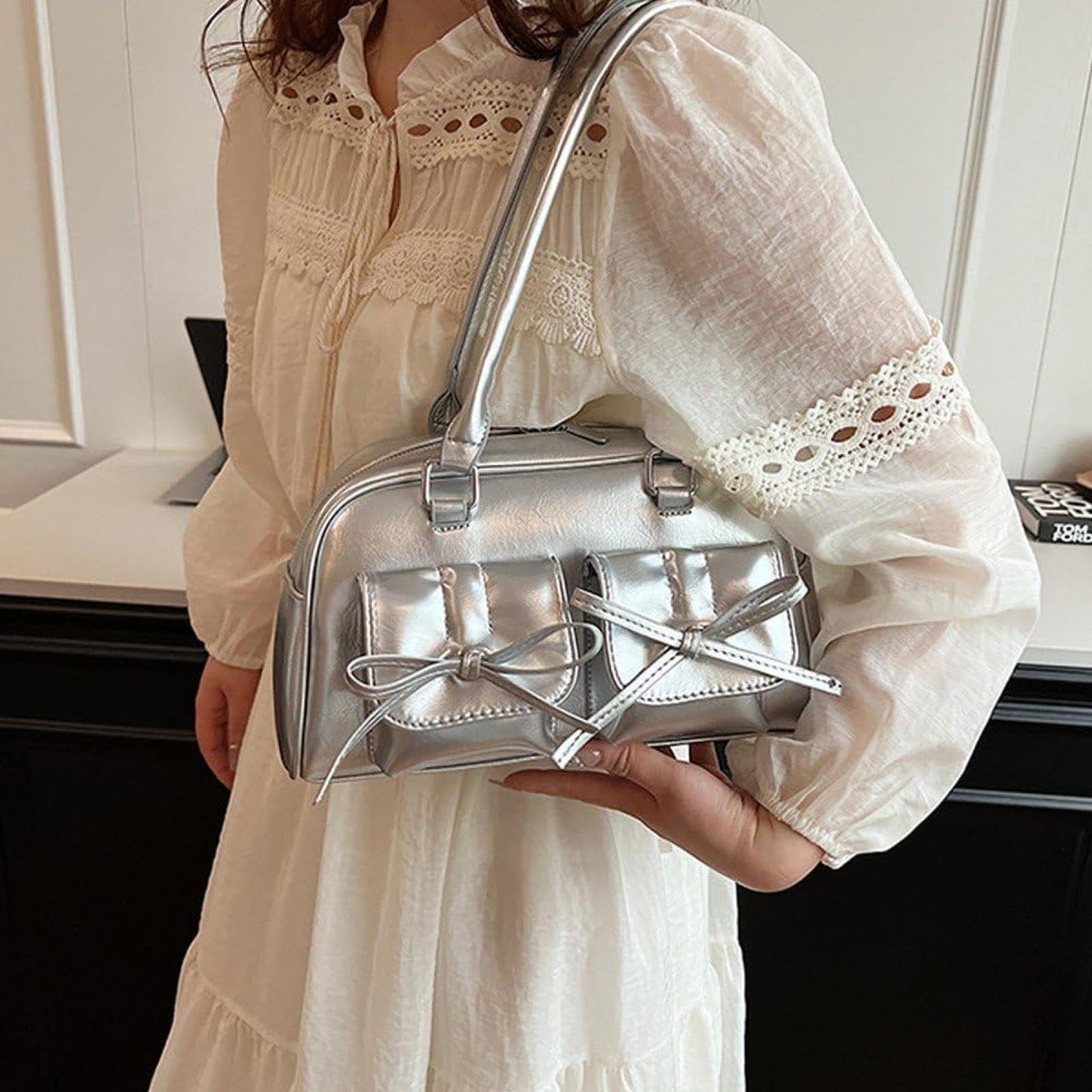 Y2K Women's PU Leather Handbag, Bowknot, Cute, Shoulder Bag, Handbag, Lightweight, Stylish, Silver