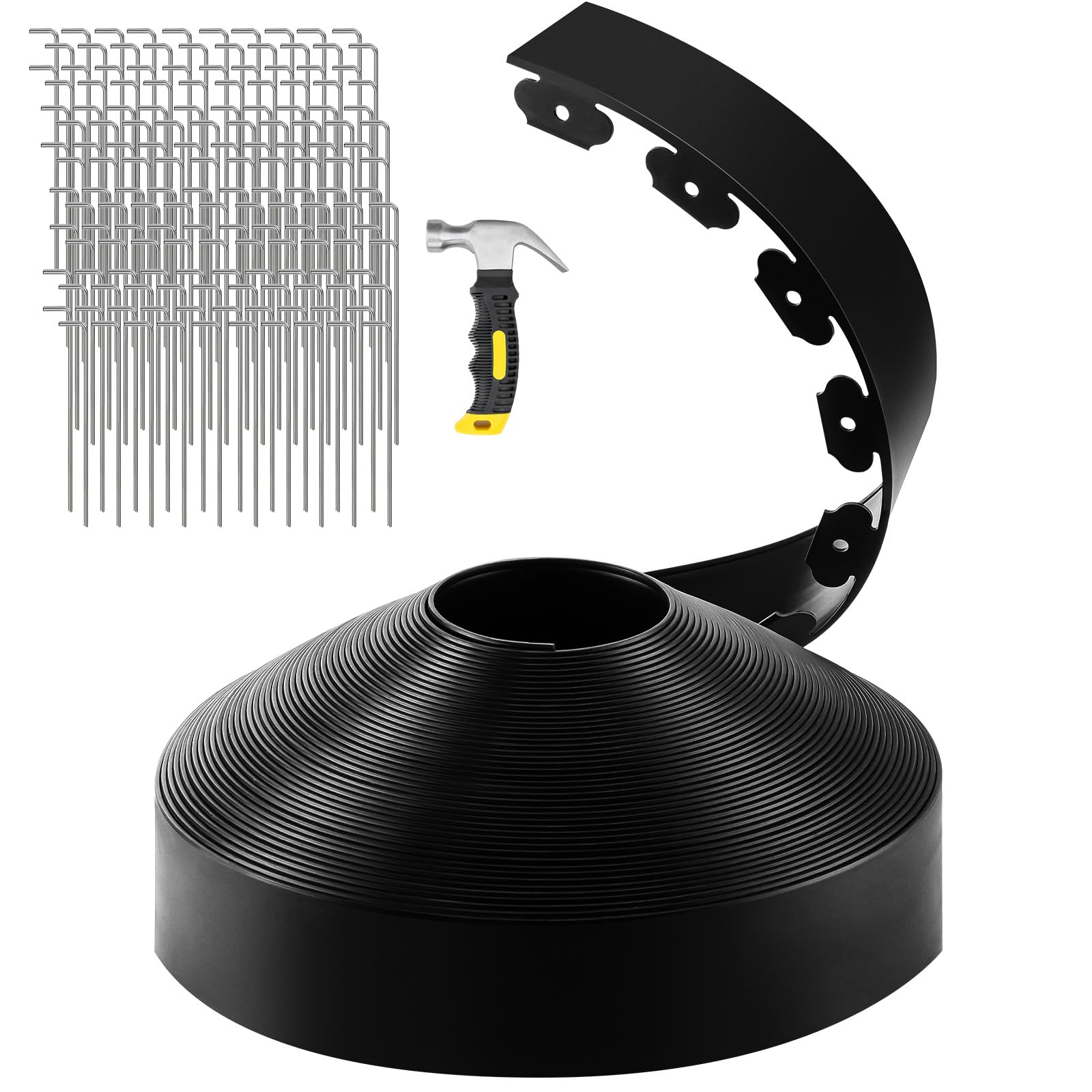 GROWNEER 200FT Landscape Edging Flexible 4 inch Tall Garden Border with 180pcs Galvanized Steel Anchoring Spikes and Hammer Lawn Edging Kit for Flower Bed, Pathway, Landscaping Project, Black Image