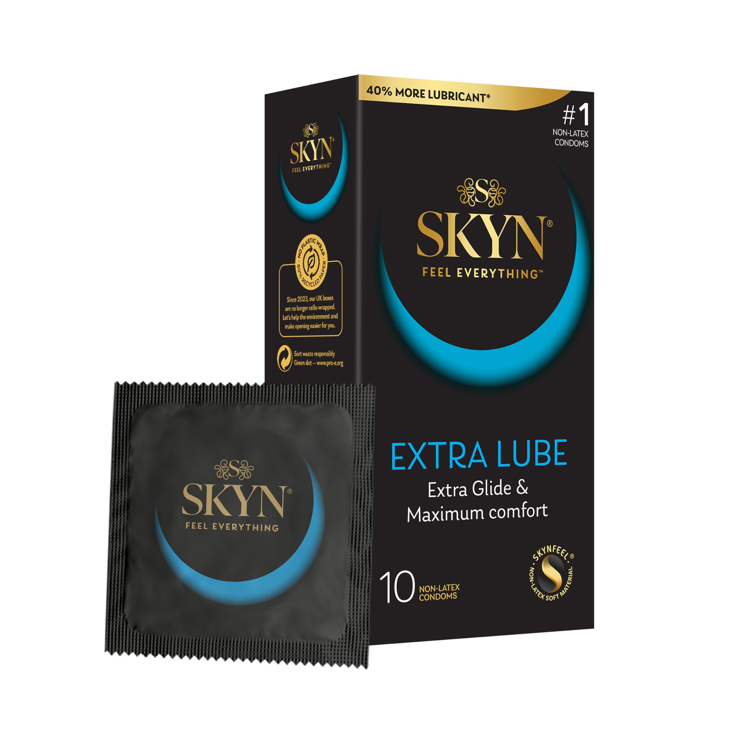 SKYN Extra Lube Condoms (10-Pack) SKYNFEEL Latex Free Condoms for Men, Regular Size, Extra Lubricated, Thin, Smooth Straight Shape, Lubricated, 53mm Wide
