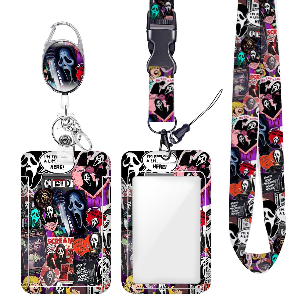 Photo 1 of Funny Ghosts Face ID Badge Holder with Lanyard Retractable Badge Reel Horror Movie Gifts Lanyards for ID Badges Vertical ID Protector Badge Clip for Women Men Coworker Employee Staff Halloween 02