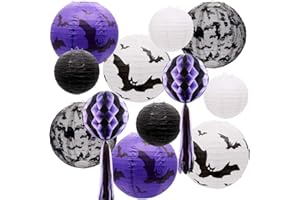 UNIQOOO 12pcs Spooky Halloween Decor Black White Purple Hanging Paper Lanterns Set with Decorative Bats & Honeycomb Pom Pom Tassels for Indoor/Outdoor Holiday Home Garden Decor Party, 12 in & 8 in