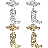 KWOYOS 2 Pairs Western Boots Earrings, Cowgirl Hat Boot Drop Dangle Earrings for Women, Gold and Silver