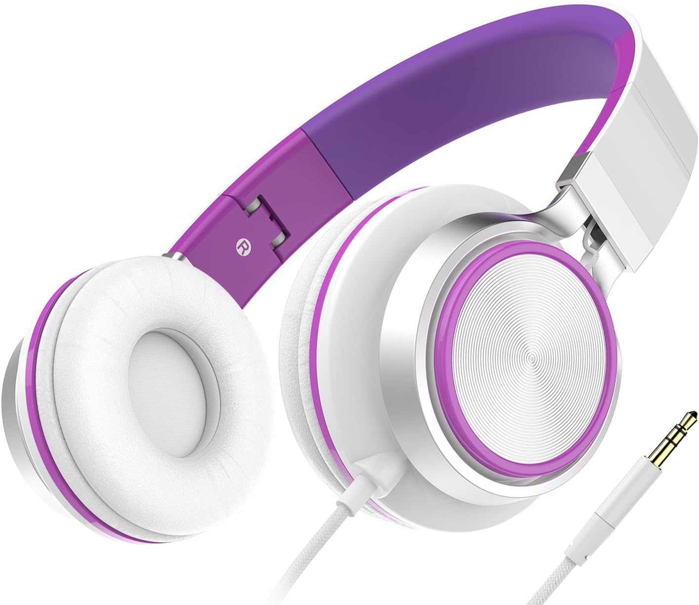 Girls Headphones, Honstek Foldable Lightweight On Ear Headphones for Kids Girls Boys, Wired Stereo Comfortable Headset Compatible with iPhone iPad PC Xbox Tablets MP4 (White/Purple)