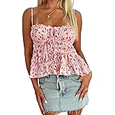 Women Y2k Floral Babydoll Tank Top Spaghetti Strap Ruffle Cami Top Summer Boho Flowy Peplum Crop Top Streetwear