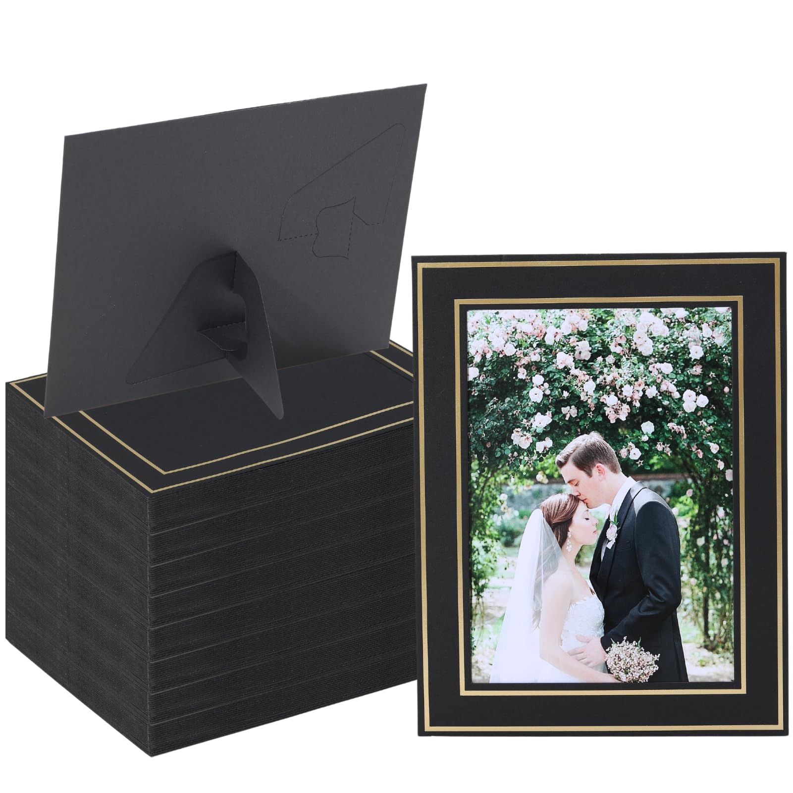 Photo 1 of 100Pack Paper Picture Frames with Easel 5X7 Inch Cardboard Photo Frame Cards Bulk Paper Photo Frame for Thanksgiving Christmas Wedding, Birthday,Classroom DIY Fall Decor - Black with Gold Trim
