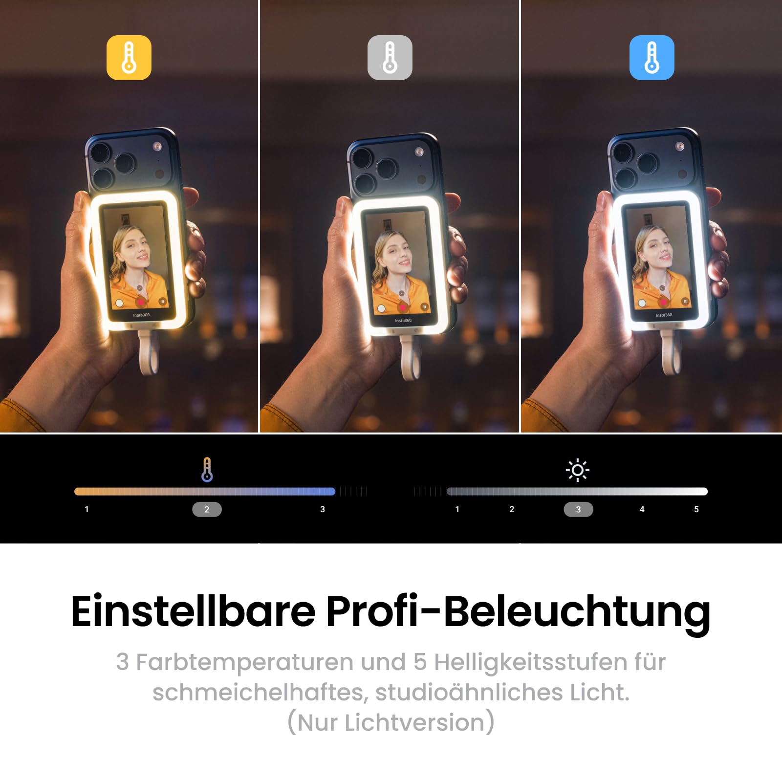 Insta360 Snap Selfie-Bildschirm mit Licht – Magnetischer 4K Selfie-Monitor für Selfies, Vlogging, Kompatibel mit iPhone 15/16/17 Pro, Einstellbares Licht, Touchscreen-Steuerung, Kabel-Sofortverbindung 5