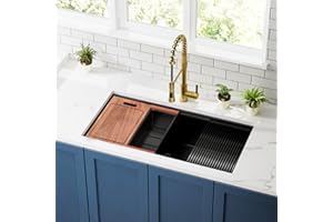 36 inch Black Stainless Steel Undermount Kitchen Sink, CELAENO 36x19 Handmade 16 Gauge Single Bowl Workstation Sink, 10 Inch Deep Modern Kitchen Sink is equipped with various accessories