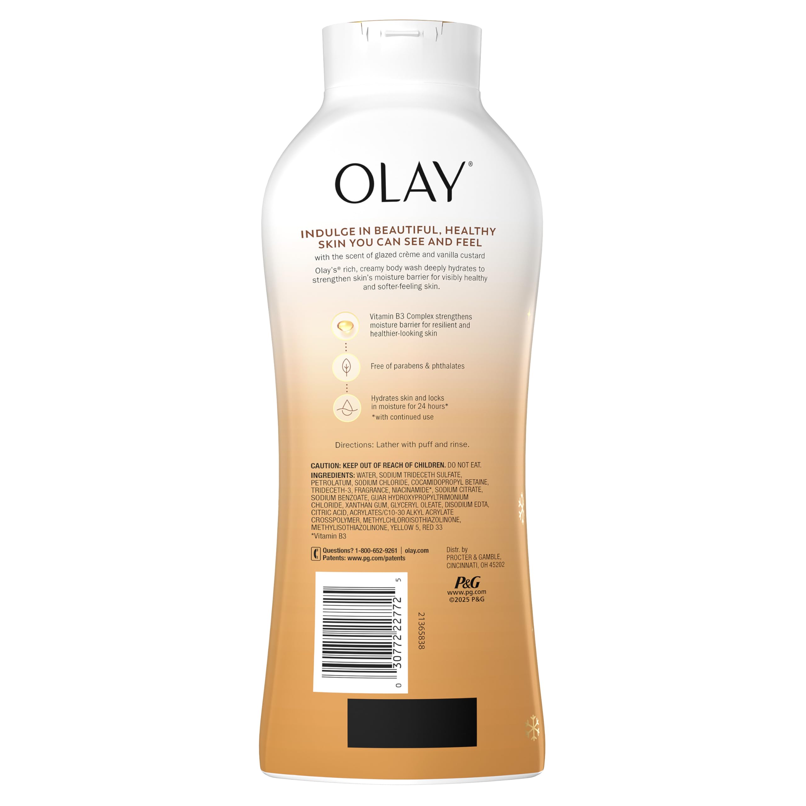 Olay Body Wash for Women, Hydrating & Moisturizing, Holiday Edition, With Plant Based Cleansers, B3 Complex, For All Skin Types, Spoonful of Sugar with Glazed Crème & Vanilla Custard Scent, 22 fl oz