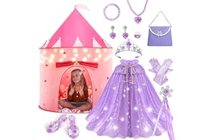 WTOR 15Pcs Princess Castle Play Tent Dress Up with LED Glow in The Dark Stars for Little Girls－Princess Dress Up Cape with Crown,Girl Play Tent/House Toy for Indoor & Outdoor Use (Purple)