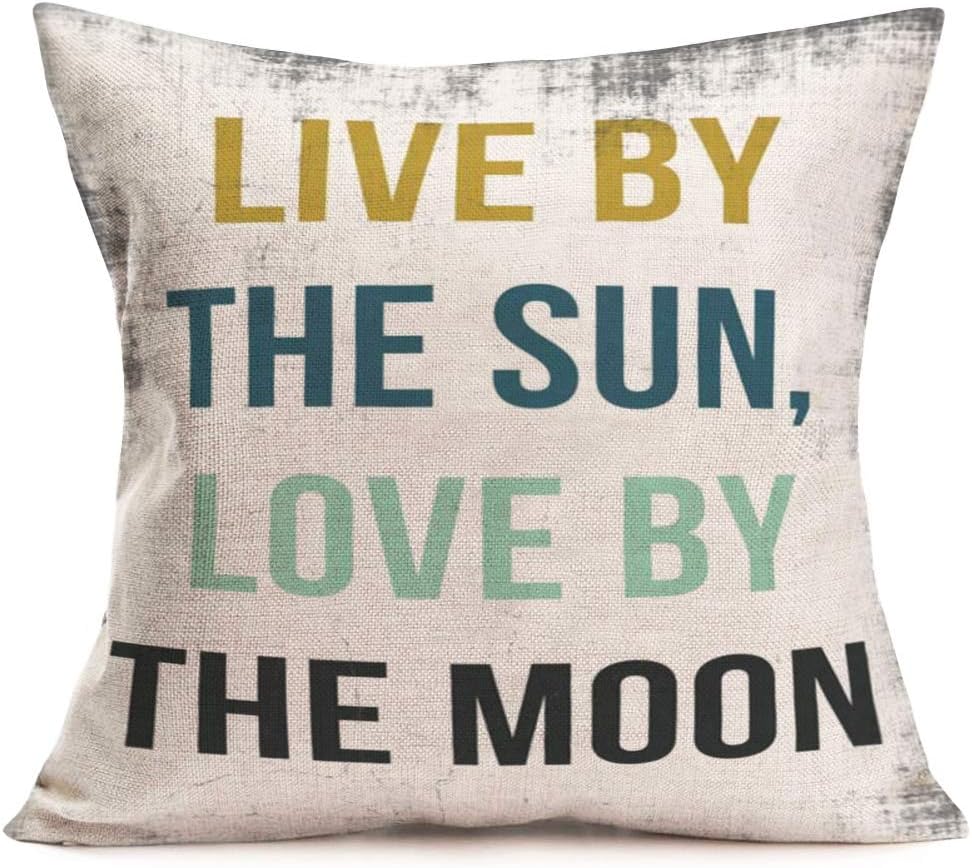 ShareJ Modern Phrase Simple Lettering Throw Pillow Covers Live by The Sun Love by The Moon Inspirational Saying Cotton Linen Cushion Cases Home Decorative Pillowcases 18 x 18 Inches