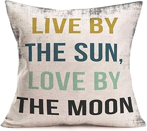 ShareJ Modern Phrase Simple Lettering Throw Pillow Covers Live by The Sun Love by The Moon Inspirational Saying Cotton Linen Cushion Cases Home Decorative Pillowcases 18 x 18 Inches