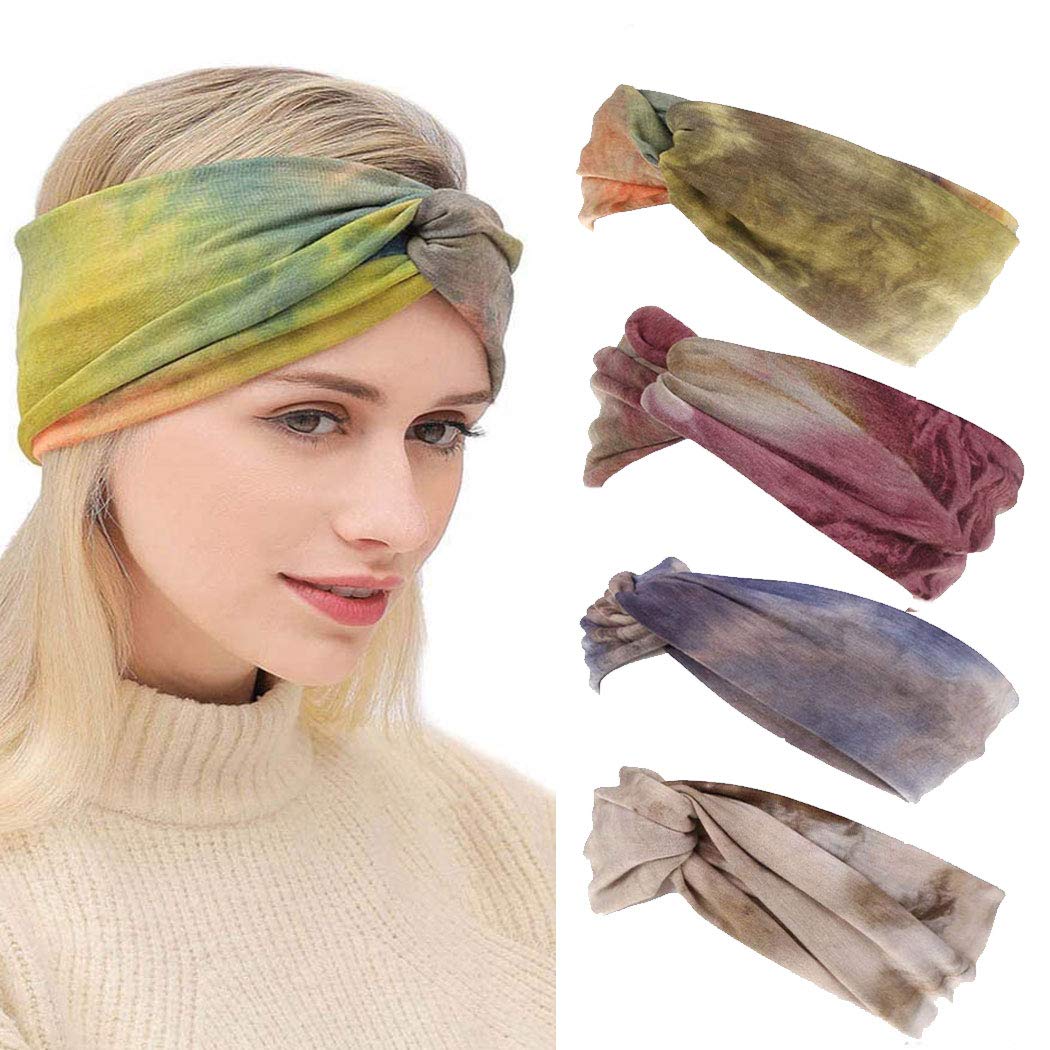 IYOU Boho Hair Bands Cross Headbands Stylish Printed Yoga Head Wraps Knotted Elastic Wide Head Scarf for Women and Girls (Pack of 4)