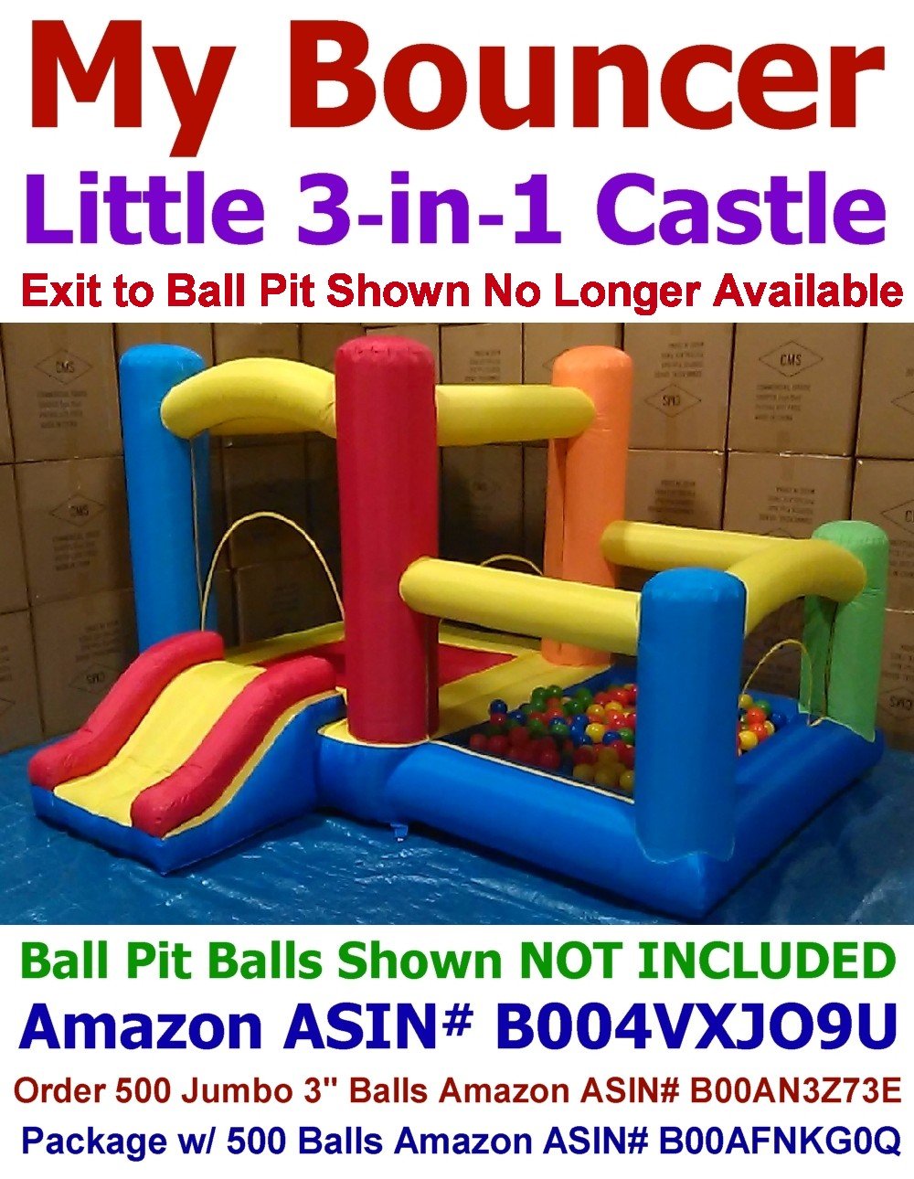 Perfect Size for Indoor Use - My Bouncer 3-in-1 Little Castle Bounce 118" L X 102" D X 72" H with Attached Ball Pit and Slide