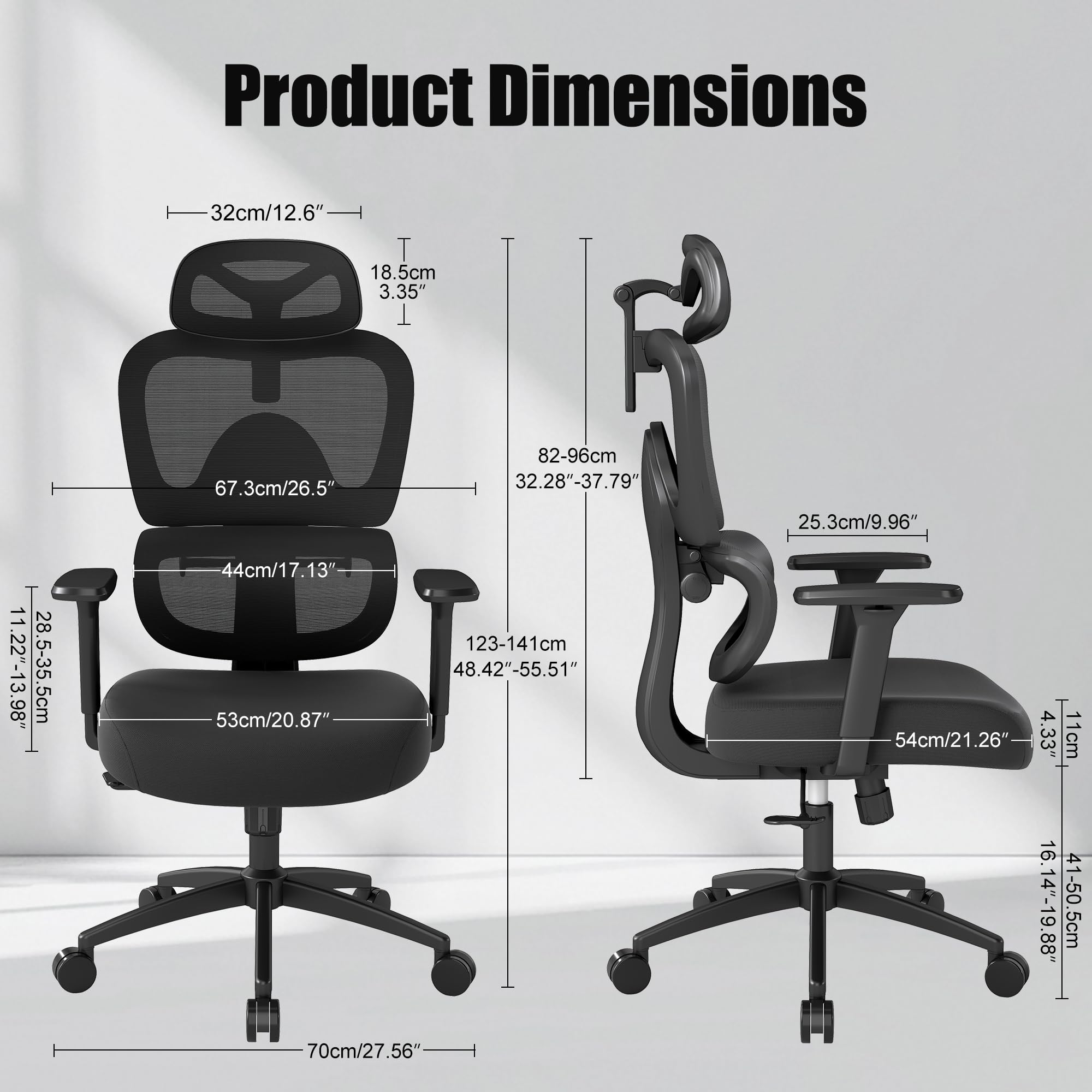 Ergonomic Office Chair with Adjustable Lumbar Support, 3D Arms and Headrest, High Back Wide Desk Computer Chair with Wheels, for Home & Office, Black - Image 8