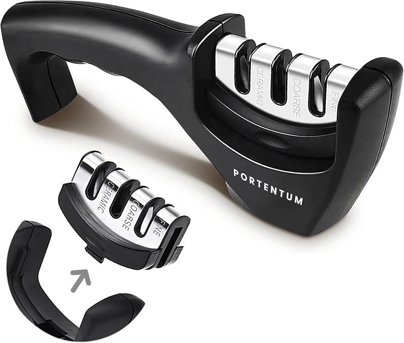 PORTENTUM Knife Sharpener 3 Stage Ceramic Tungsten Carbide Diamond Rods