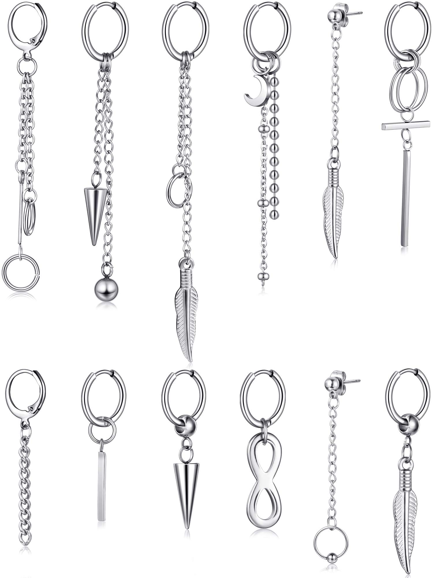 12 Pieces Hoop Dangle Earrings For Men Stainless Steel feather Hinged Pendant Earrings Long Chain Earrings (Steel Color)