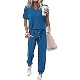 MASCOMODA Womens 2 Piece Outfits Summer Casual V Neck Short Sleeve Tops Long Pants Tracksuit Lounge Jogger Set with Pockets