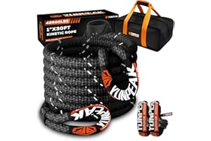 YUNPEAK Kinetic Recovery Rope (1in x 30ft - 48,500Lbs) Extreme Duty 35% Elasticity Energy Snatch Rope, Off Road Recovery Kit with 2 Soft Shackles, Kinetic Tow Rope for UTV, ATV, SUV, Trucks(Black)