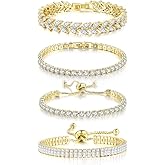 YOYUNLUO 4 Pcs Tennis Bracelet Set Silver Plated Marquise Cubic Zirconia CZ Diamond Dainty Adjustable Silver Bracelets for Women Brides Stackable Fashion Jewelry Wedding Prom Gift