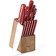 MARTHA STEWART Eastwalk 14 Piece High Carbon Staineless Steel Cutlery Knife Block Set w/ABS Triple Riveted Forged Handle Acacia Wood Block - Red