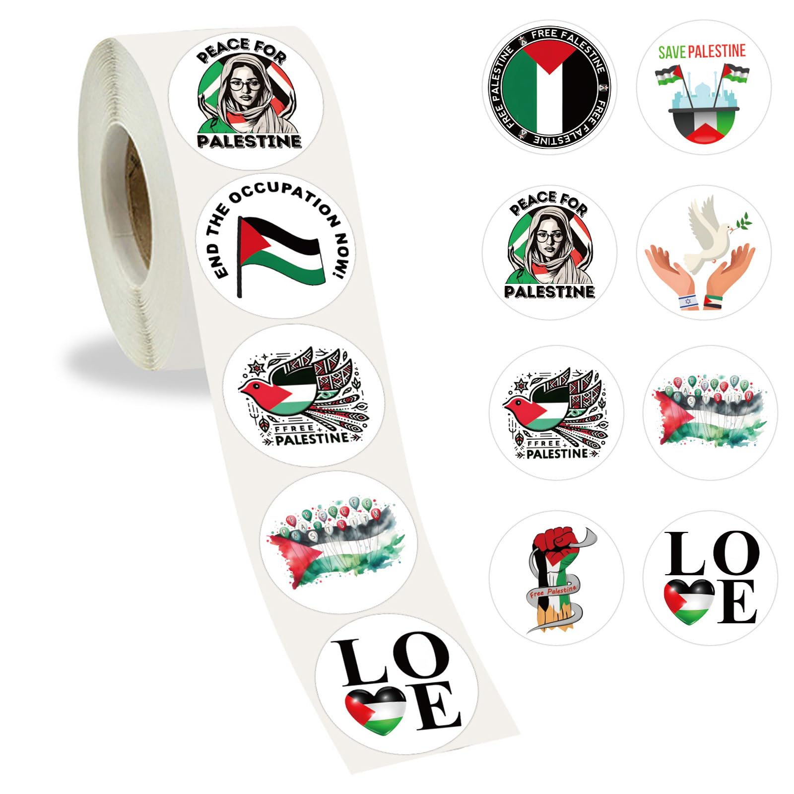 Free Palestine Stickers - 500pcs Roll, Ceasefire Peace Dove & Flag Designs, Waterproof Vinyl for Laptops, Water Bottles & Skateboards
