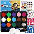 Bowitzki Face Paint Kit with 13 Colors, 12 Stencils, 2 Glitters, 2 Sponges, 2 Brushes, 1 Sheet Gems, Water Based Face Painting Kit for Kids, Safe Professional Halloween Party Makeup Set