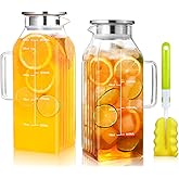 2 Liters/68oz 2 Pack Square Glass Pitcher with Lid and Handle for Fridge Door, Aofmee Borosilicate Glass Heat Resistant Dishwasher Safe Iced Tea Jar, Carafe with Scale Line for Hot/Cold Beverage