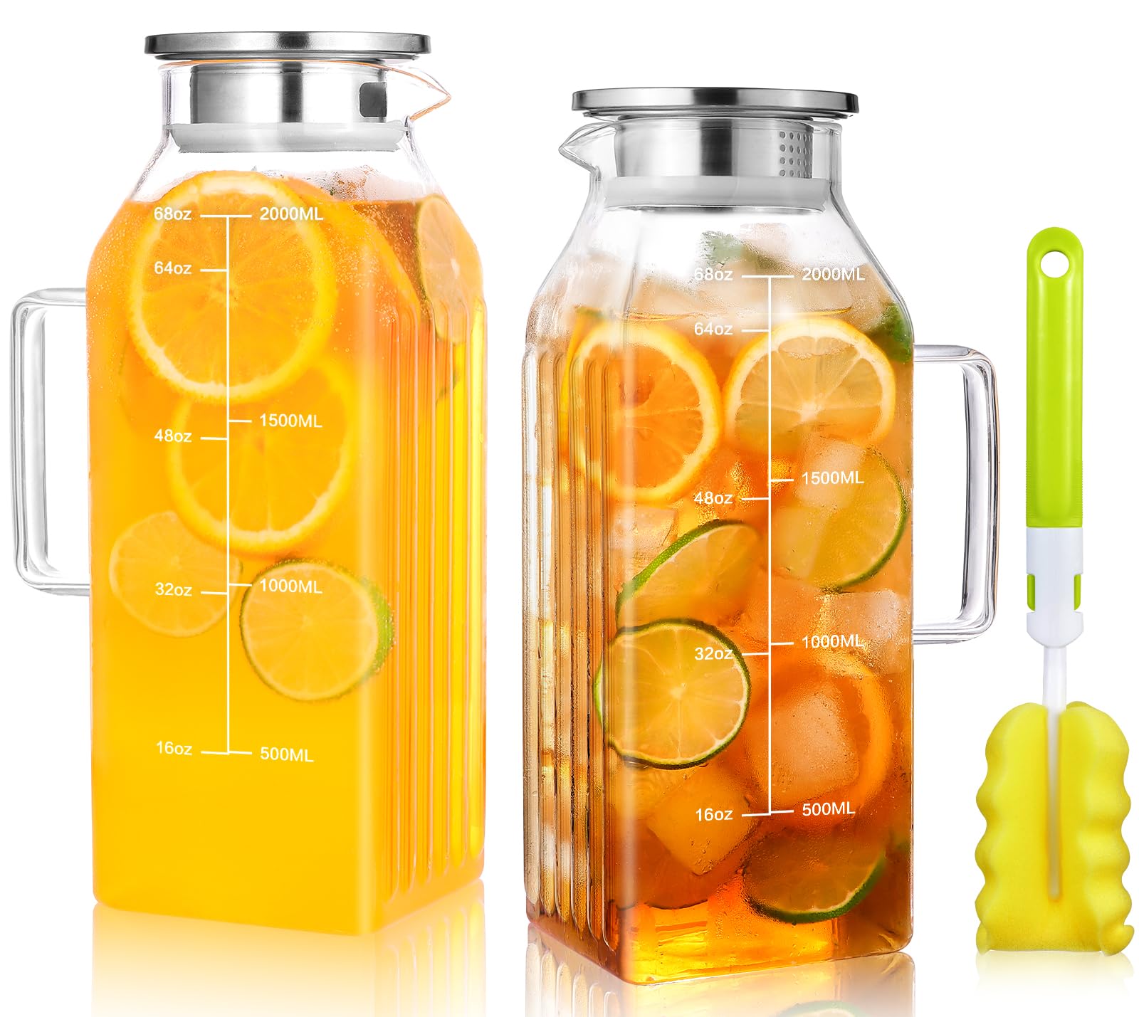 Photo 1 of 2 Liters/68oz 2 Pack Square Glass Pitcher with Lid and Handle for Fridge Door, Aofmee Borosilicate Glass Heat Resistant Dishwasher Safe Iced Tea Jar, Carafe with Scale Line for Hot/Cold Beverage