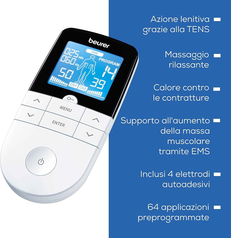 EM 49 Digital TENS/EMS, elettrostimolatore 3 in 1 per alleviare il dolore tramite elettrostimolazione nervosa, allenamento EMS, funzione massaggio, 2 canali, 6 programmi, 4 elettrodi