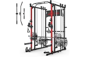 Liksodo Smith Machine for Home Gym, Multifunctional Power Cage Rack with Cable Crossover System and Smith Bar Barbell, T Bar and More Training Attachment, LAT Pull Down Machine for Garage