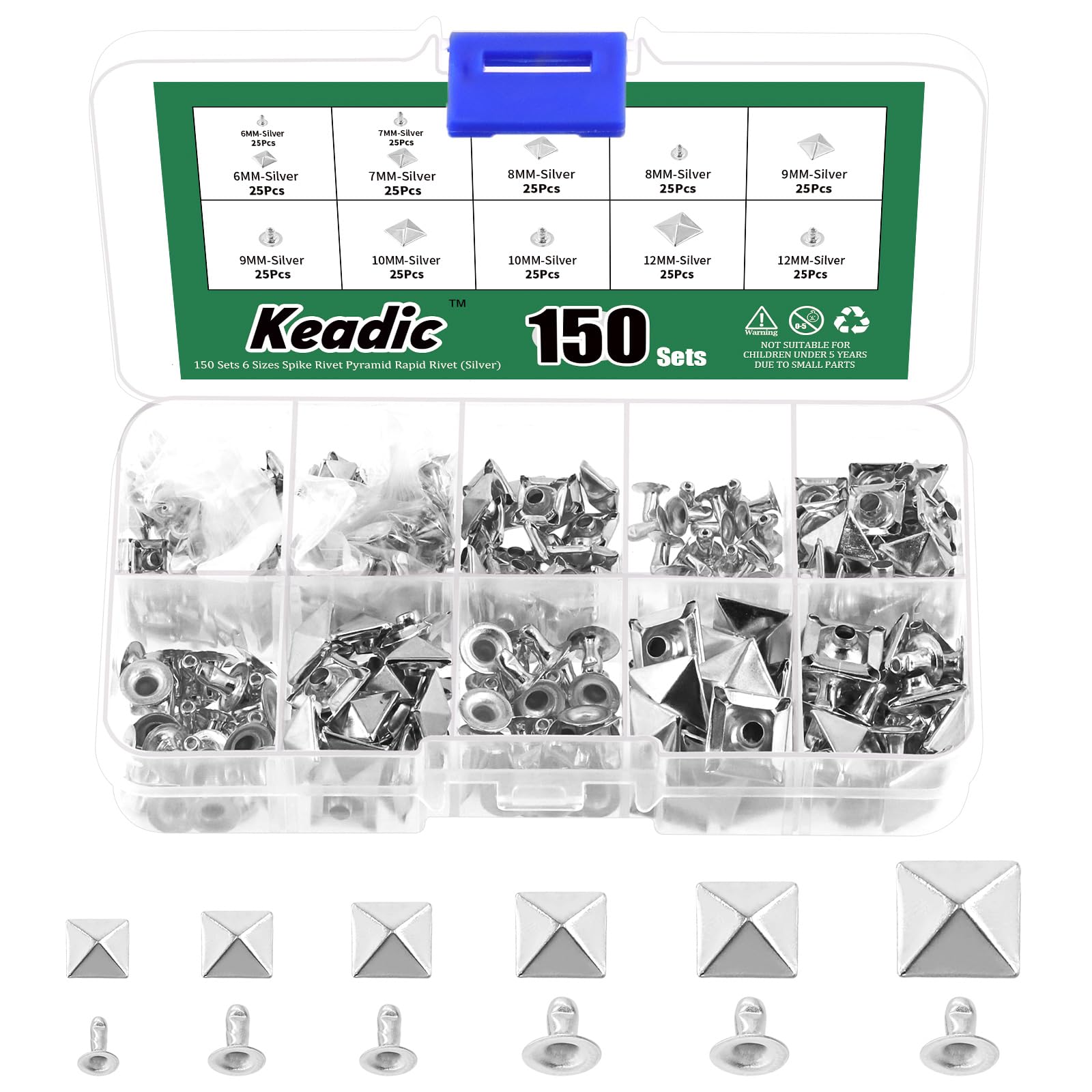 Keadic 300Pcs Silver Punk Spike Studs Assortment Set with Plastic Case, 6mm/7mm/8mm/9mm/10mm/12mm Square Pyramid Rivet Nailheads Leathercraft Decorations for DIY Leather Clothing Shoes Bags