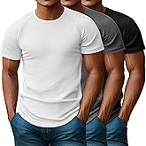 Riyiper 3 Pack Men's Muscle T Shirt Casual Short Sleeve Tops Ribbed Crewneck Slim Fit Workout Gym Curve Hem Basic Tee Shirts