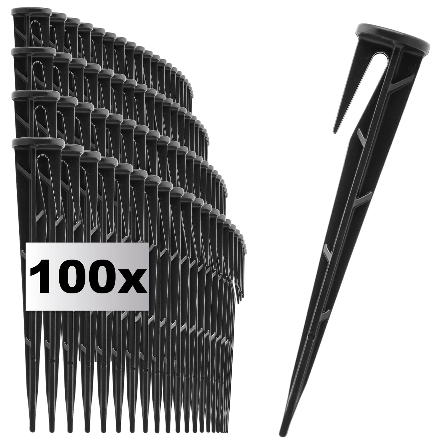 com-four® 100x fixing hooks for robotic lawnmowers - Plastic ground anchors - Fixing pins for hoses, cables and covers - Ground pegs with barbs (100x black - smooth/for cables)