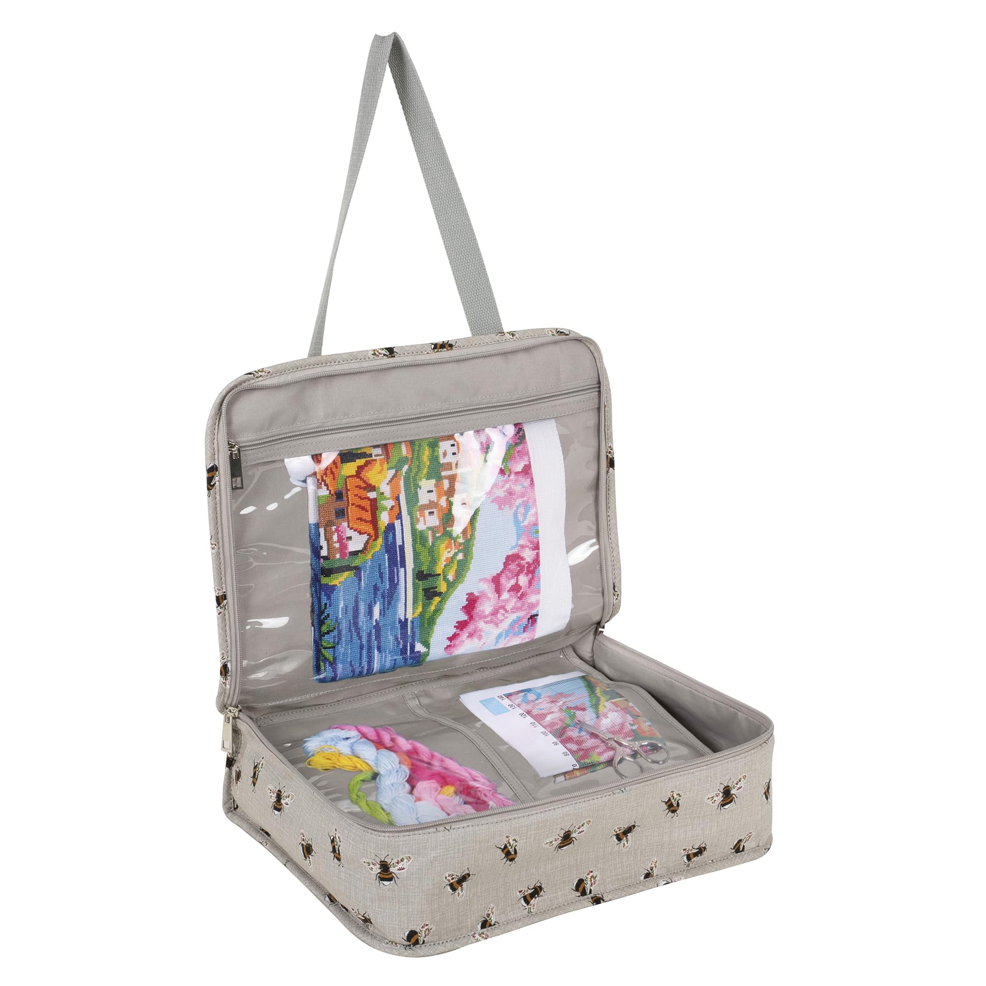 Hobby Gift Large Knitting Bag Project Case - Sewing & Crochet Bag Organiser for Classes & Travel, Craft Bags with Compartments for Storage & Organising, 100% Cotton - 34 x 28 x 12cm, Bees