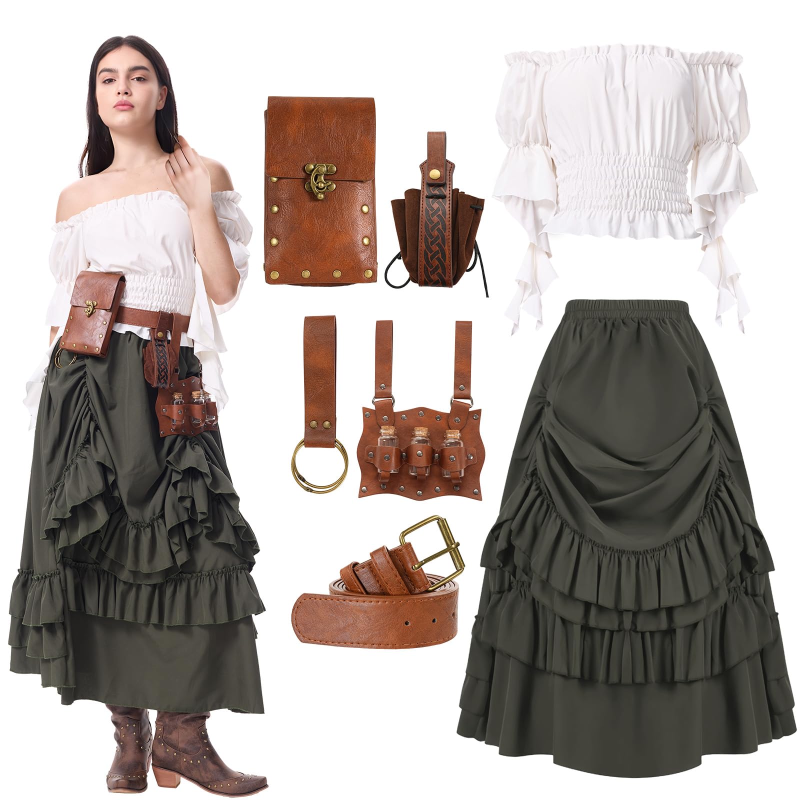 Photo 1 of Renaissance Pirate Costume Women Medieval Ren Faire Outfit Retro Steampunk Skirt with Victorian Shirt Belt Gloves (Green, S)