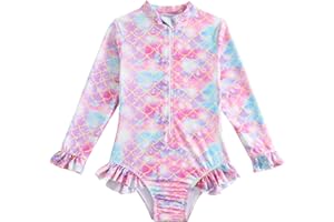 JZyangmei Toddler Girls Rash Guard Swimsuit Long Sleeve One Piece Zipper Ruffle Bathing Suit UPF 50+ Beach Swimwear 2-8Y