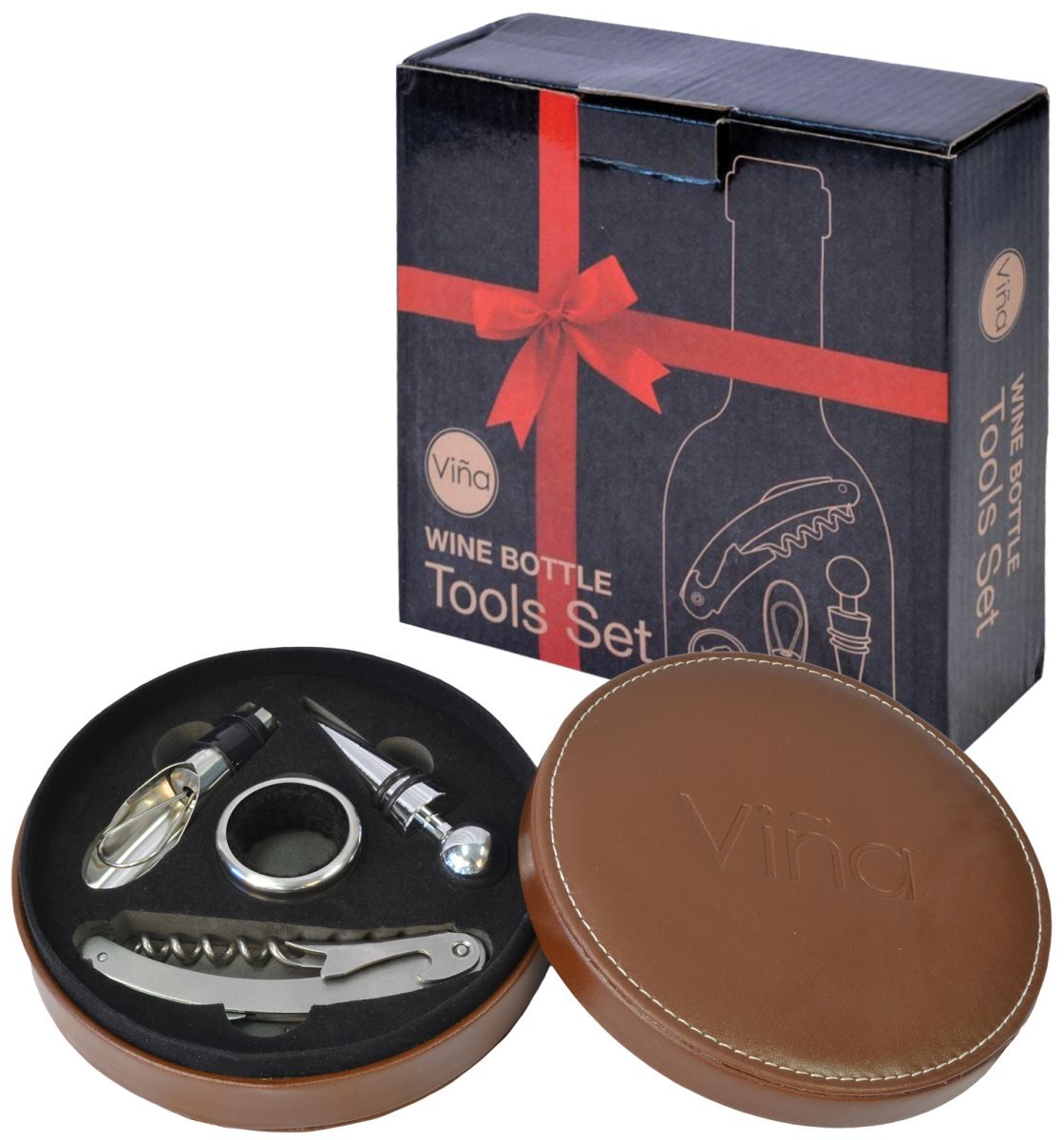 Vina Wine Opener Gift Set, 4 Pieces Wine Bottle Accessory Kit Includes: Stainless Steel Wine Corkscrew, Drop Ring, Wine Pourer, Wine Stopper, Arranged In a Elegant Box, Brown