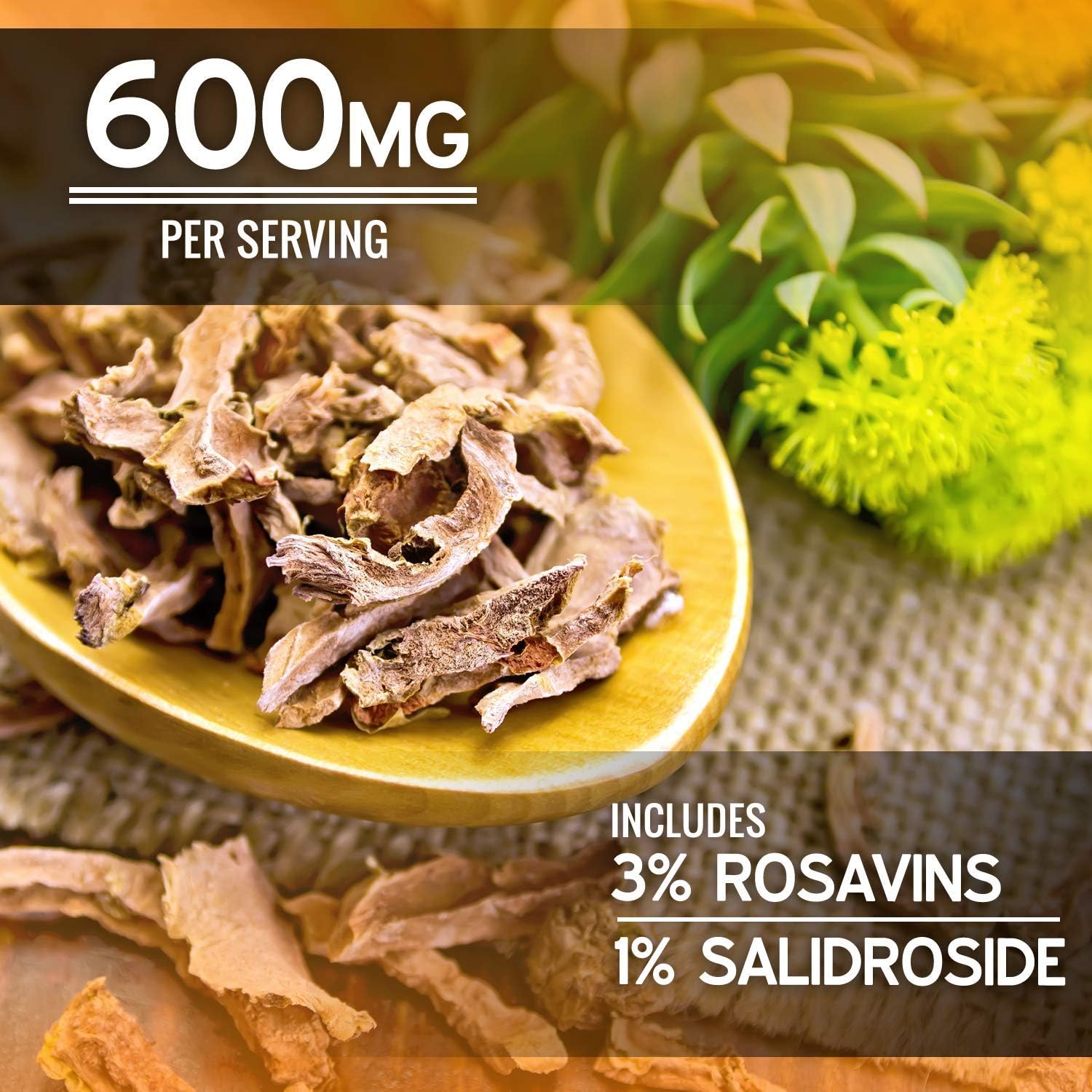 Rhodiola Rosea Supplement 600mg - 120 Capsules Siberian Root Extract 3% Rosavins & 1% Salidroside - Pure Maximum Strength Powder - 300mg Vegan Pills for Stress Relief, Mood, Focus & Energy: Health & Personal Care