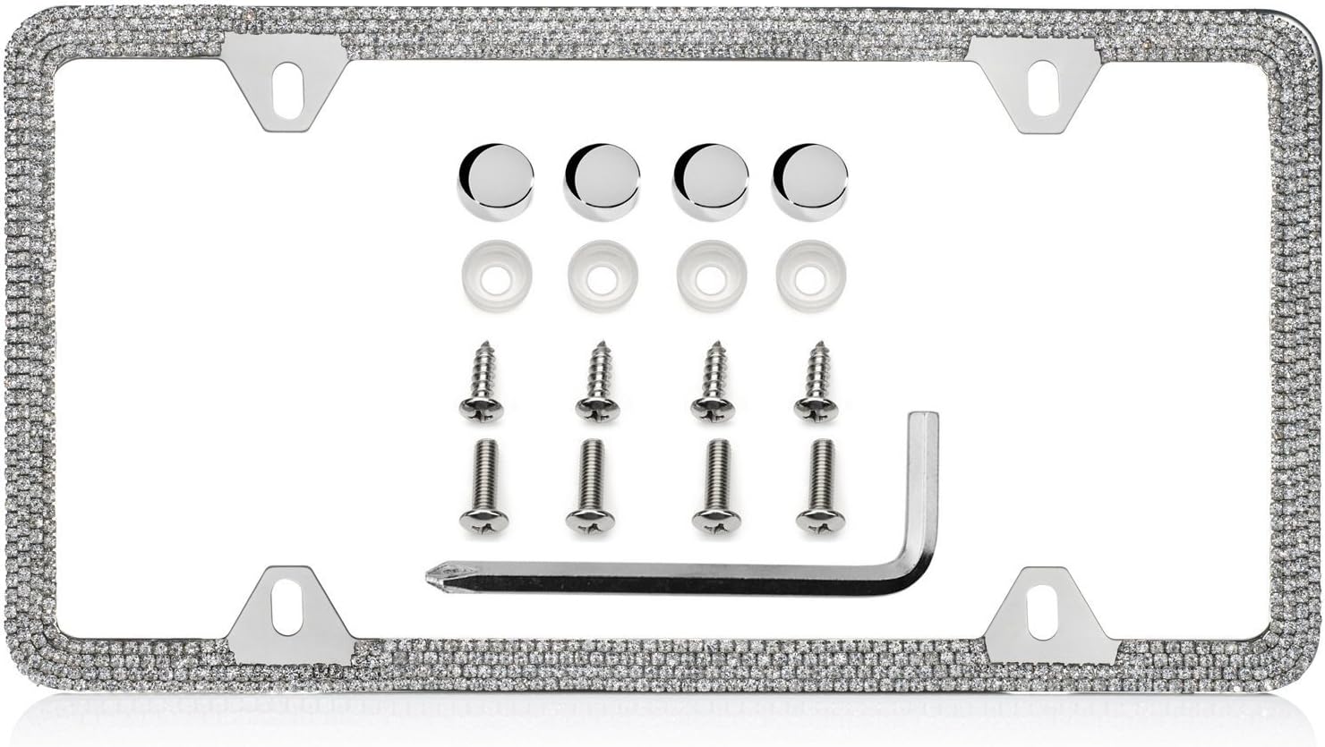 Premium Slim Style Diamond Crystal Bling Stainless Steel Metal License Plate Frame (1 PACK, 4-HOLE CLEAR CRYSTAL)