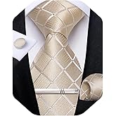 DiBanGu Silk Ties for Men Formal Plaid Check Necktie and Pocket Square Cufflinks Tie Clip Set Wedding Necktie with Gift Box