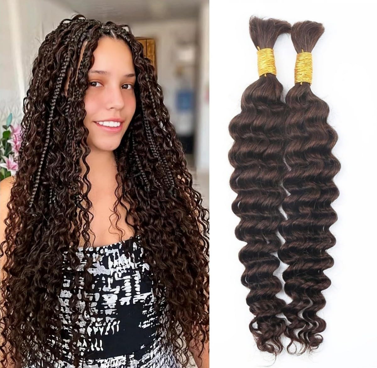 Sexycat Deep Curly Human Braiding Hair for Boho Braids 2 Bundles 20 Inch 100g，#4 Chocolate Brown Water Wave Bulk Human Hair for Micro Braiding Wet and Wavy Human Hair Extensions — image 1